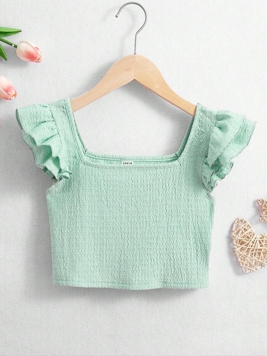 SHEIN Camiseta Feminina Tween De Cor Sólida Com Gola Quadrada E Manga Curta Com Babados Nas Férias - Menta verde - Ver 1