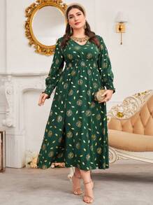 Al Najma Rozmiar Plus Kwiatowy Nadrukowany Dekolt w kształcie litery V Sukienka z paskiem - Zielony - Zobacz 7