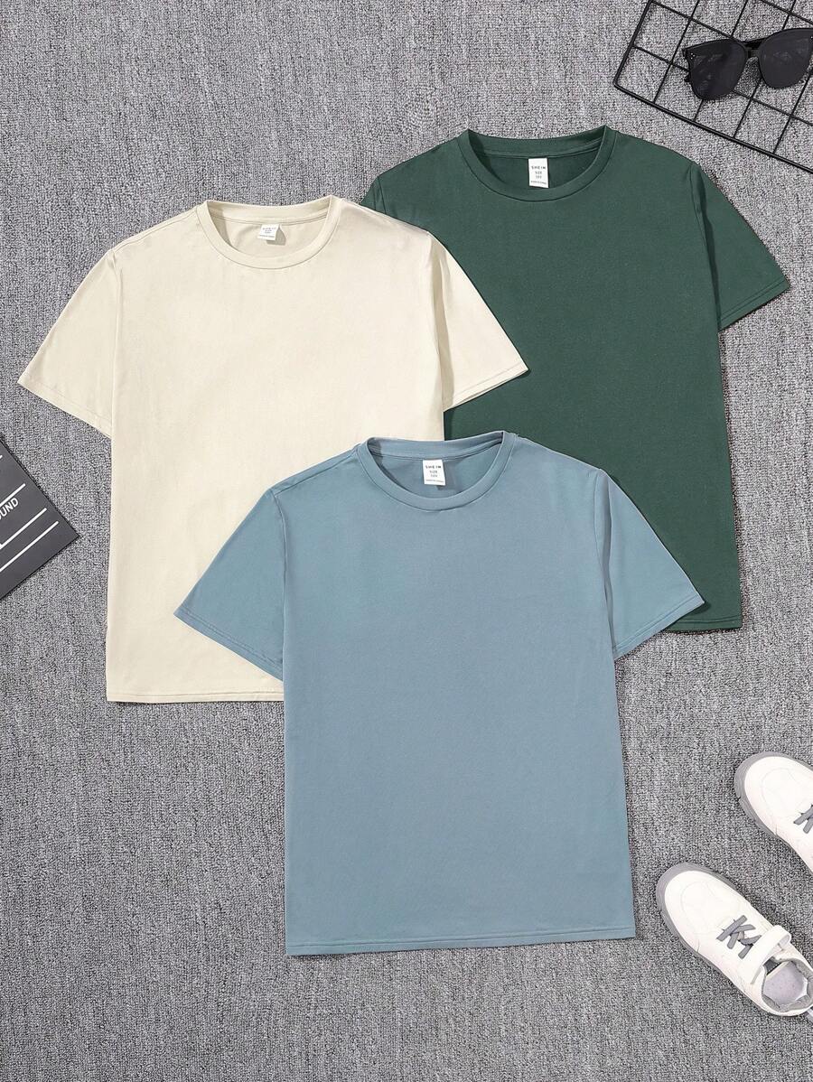 SHEIN Ensemble De 3 T-shirts Décontractés Pour Garçons Préados, Confortables Et Amples, Style Universitaire, Col Rond, Couleur Unie - Vert - Voir 1