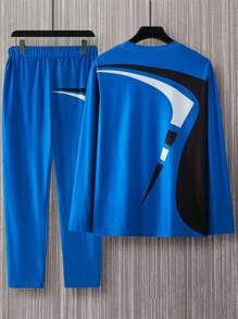 Manfinity Homme Herren Farbblock Langarm Lässig T-Shirt & Hose, 2 Stücke/Set, Ausgehen, Herbstkleidung - Blau - Übersicht 2