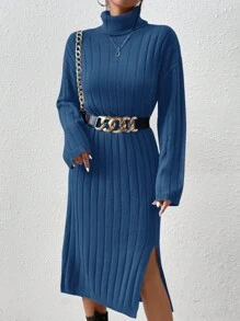 EURMUSE High Neck Drop Shoulder Long Sleeve Sweater Dress With Split Hem, Without A Belt - Navy Blue - View 5