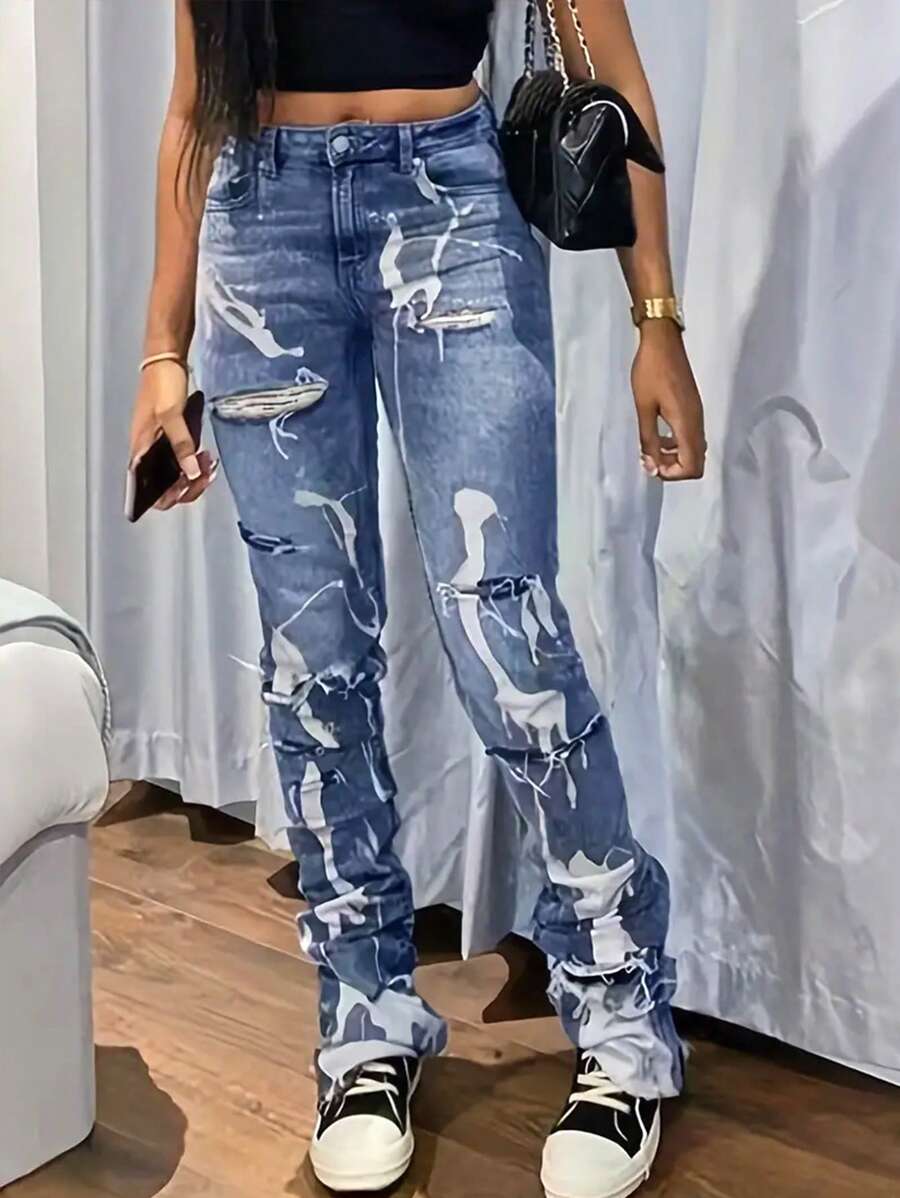 Của phụ nữ Rách Denim Quần jean - Rửa trung bình - Xem 1