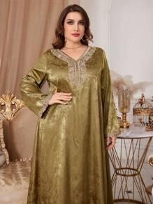 Al Najma Plus Size Arab Clothing V-Neck Long Dress - Mustard Yellow - View 6