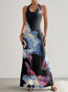 SHEIN Privé In hoa Halterneck cổ áo xếp nếp Không lưng Cà vạt Đầm - Nhiều màu - Xem 3