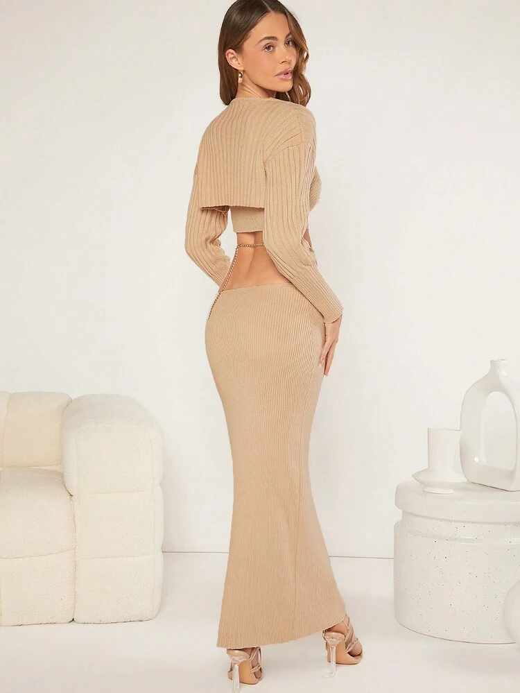Women's 3-Piece Knitted Sweater Set Including Cropped Cardigan, Sleeveless Top, And Skirt