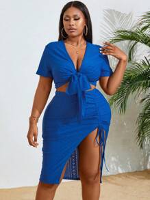 Maweii Solid Color Embroidery Burn-Out V-Neck Top And Slit Skirt Set