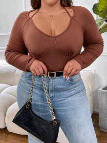SHEIN CURVE+ Plus Size Solid Color Fishbone Print Compression Long Sleeve T-Shirt