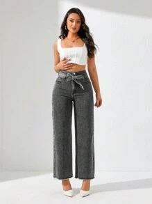 SHEIN Privé 女士高腰寬腿牛仔褲,設有口袋 - 深灰色 - 查看 5