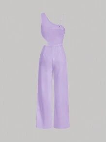 SHEIN MOD 女士不对称肩部和腰部镂空连身裤 - 淡紫色 - 查看 2