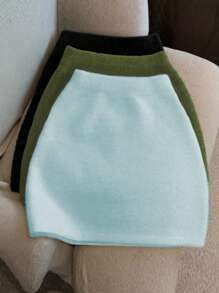 Flirla 3pcs Plain Color Fluffy Knitted Skirt