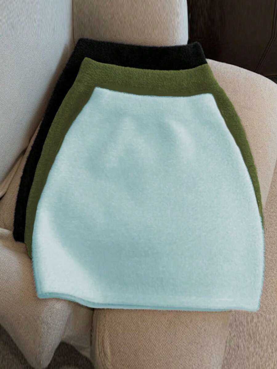 Flirla 3pcs Plain Color Fluffy Knitted Skirt