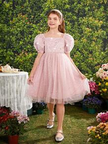 Tween Girl's Elegant Gorgeous Square Neckline Bubble Sleeve Net Yarn Sequin Decor Dress - Pink - View 4