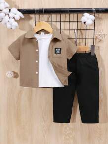 SHEIN Baby Boy's Button Down Collar Short Sleeve Top, Solid Color Long Pants Two Pieces Outfit
