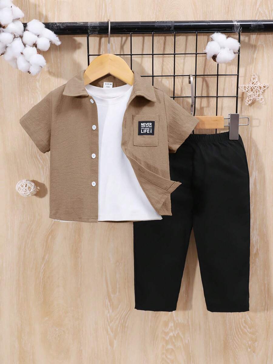 SHEIN Baby Boy's Button Down Collar Short Sleeve Top, Solid Color Long Pants Two Pieces Outfit