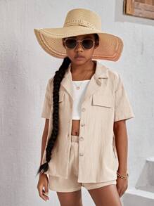 SHEIN NovaGlow Tween Girl Tween Girl 翻领细节落肩袖衬衫 + 针织背心上衣 + 松紧腰短裤套装，适合度假 - 杏色 - 查看 1