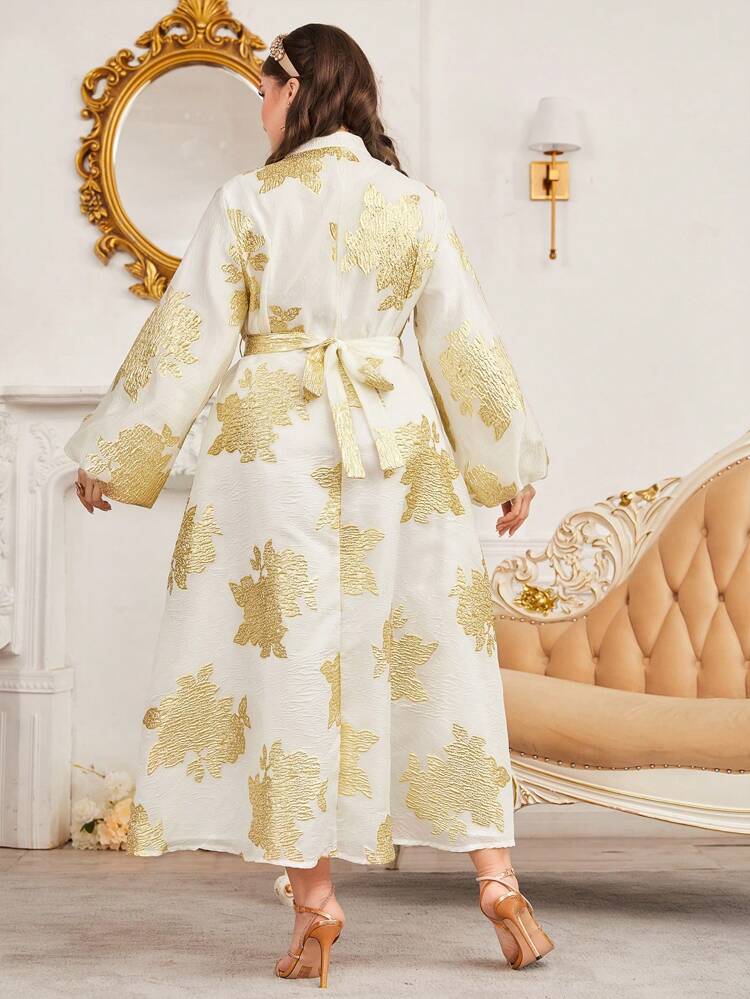 Plus Size Women's Lantern Sleeve Dress With Gold Foil Print