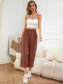 SHEIN LUNE Loose Fit Casual Elastic Waist Capri Pants - Rust Brown - View 3