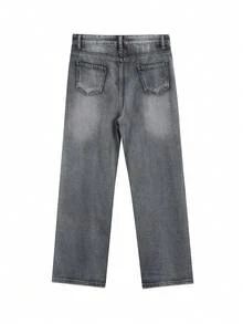 女性休閒水洗直筒牛仔褲帶有破洞口袋 - 灰色 - 查看 3