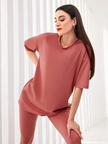 Mulvari Conjunto de 2 piezas para mujer con camiseta de manga caída con estampado de letras y pantalones largos