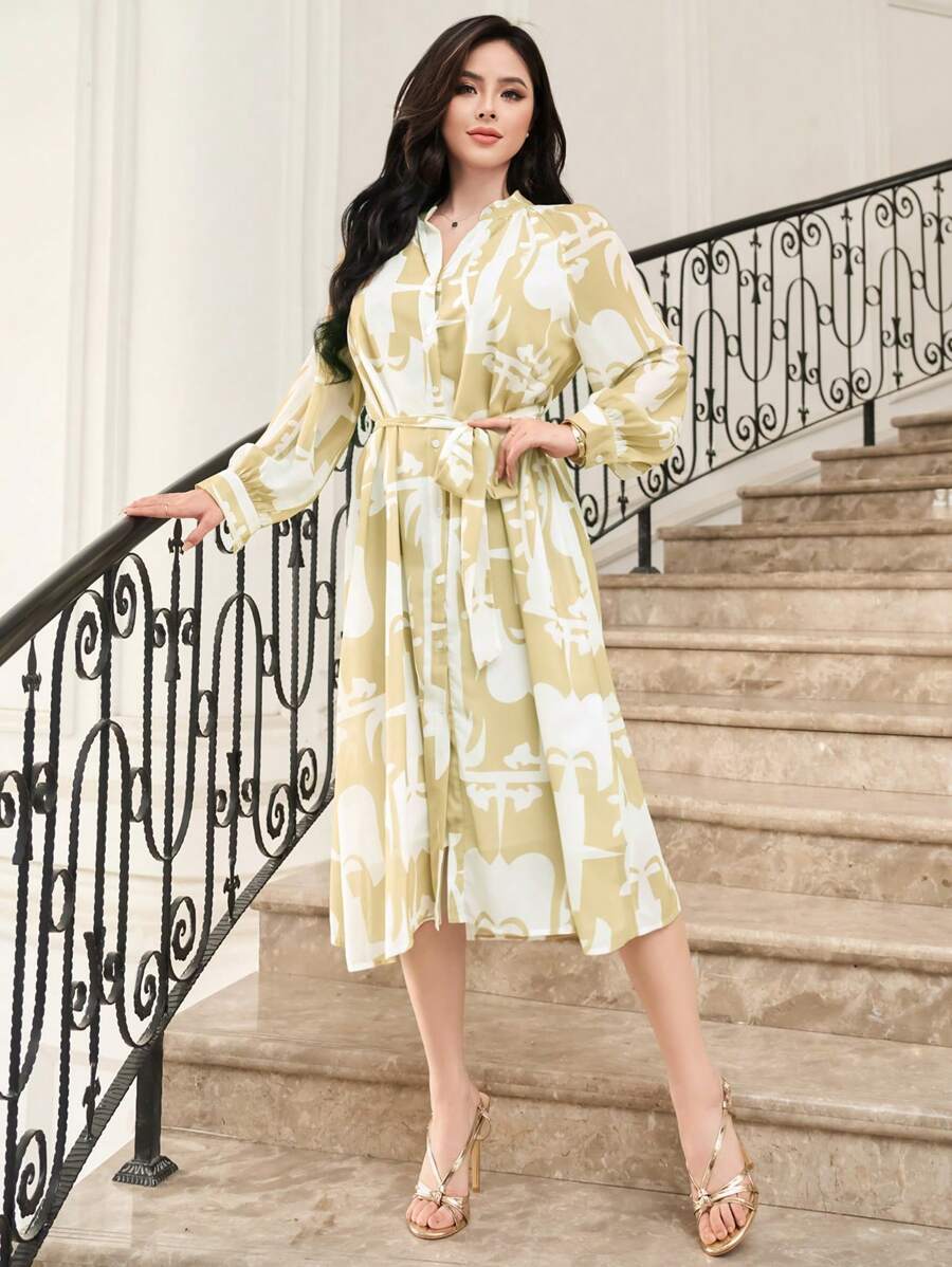 DAZY 长袖印花系带衬衫裙，秋季度假装女式长款连衣裙 - 黃色 - 查看 1