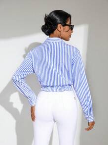 SHEIN Privé 条纹下摆系腰女式衬衫 - 藍色 - 查看 2
