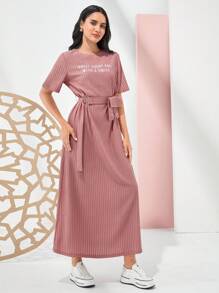 Mulvari Women's Arabic Style Letter Embroidery Textured Dress