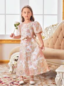 SHEIN Embroidered Fabric Young Girls' Mid-Sleeve Long Vacation Dress