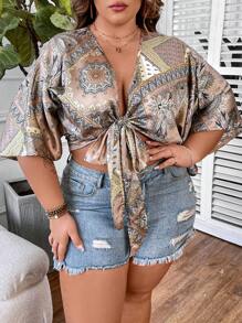 SHEIN Clasi Plus Size Women's Front Tie Shirt With Scarf Print - Khaki - View 3