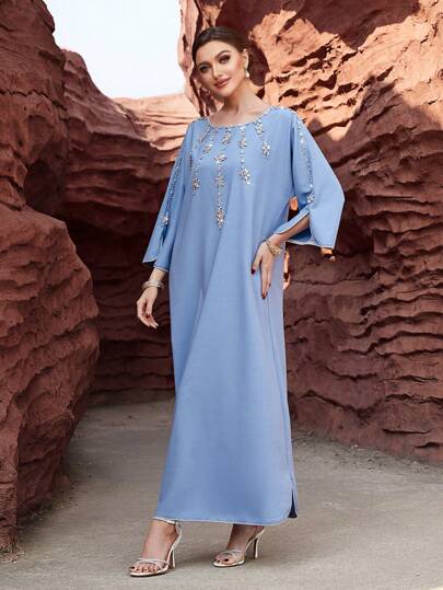 Layrah Váy dạ hội thanh lịch, sang trọng, dài tay, đính đá, màu xanh lam, giản dị, váy Maxi Ả Rập, Kaftan
