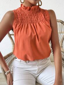 SHEIN Essnce Solid Color Pleated Ruffle Sleeveless Blouse - Redwood - View 4