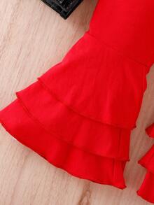 Conjunto de blusa sólida para bebé niña con hombros al descubierto y pantalones acampanados - Rojo - Ver 5