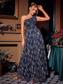 Glamaker Ladies' One Shoulder Full Body Printed Dress - Navy Blue - View 7