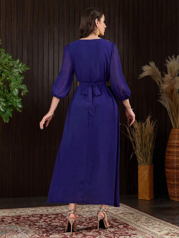 Ladies' Woven Belt Patchwork Dress, Elegant Evening Party Dress Long Evening Dresses