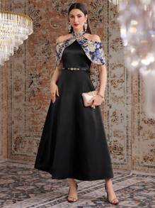 Modelyn 女士花卉印花露肩连衣裙，优雅晚会礼服长款晚礼服 - 黑色 - 查看 9