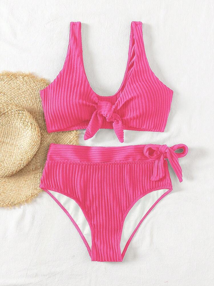 Summer Solid Color Texture Fabric Front-Tie Bikini Set