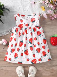 SHEIN Baby Girl Strawberry Printed Sleeveless Dress - Red - View 1