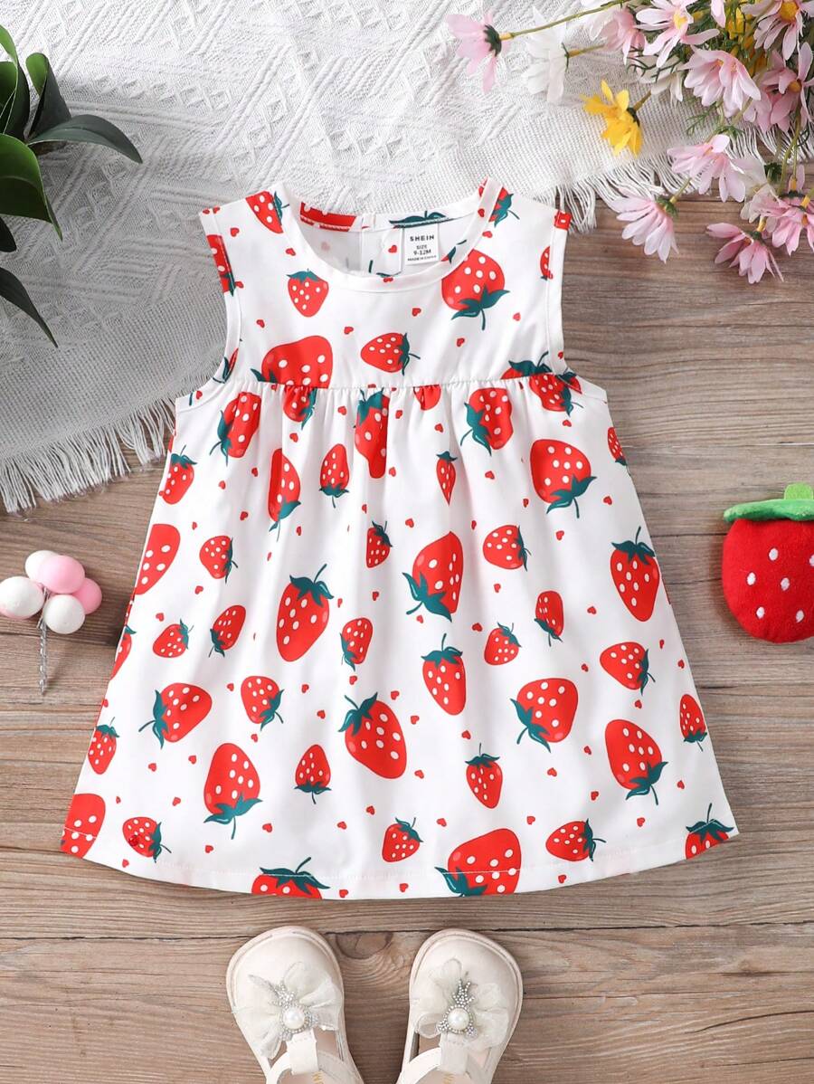 SHEIN Baby Girl Strawberry Printed Sleeveless Dress - Red - View 1