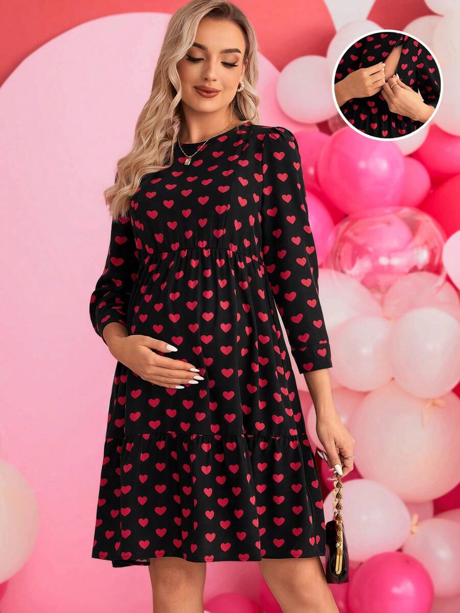 SHEIN Maternity Heart Print Nursing Dress - Red - View 1