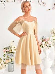 SHEIN Belle Bridesmaid Ruffle Sleeve Solid Color Formal Dress For Adults - Apricot - View 3