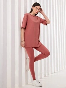 Mulvari Conjunto de 2 piezas para mujer con camiseta de manga caída con estampado de letras y pantalones largos
