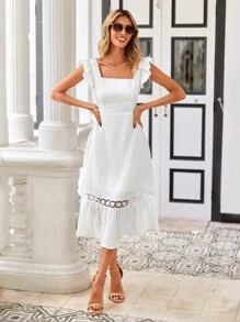 SHEIN Clasi 白色迷你盖袖蕾丝边连衣裙 - 白色 - 查看 4