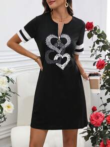 SHEIN LUNE 半拉鍊心形印花短袖連衣裙 - 黑與白 - 查看 6