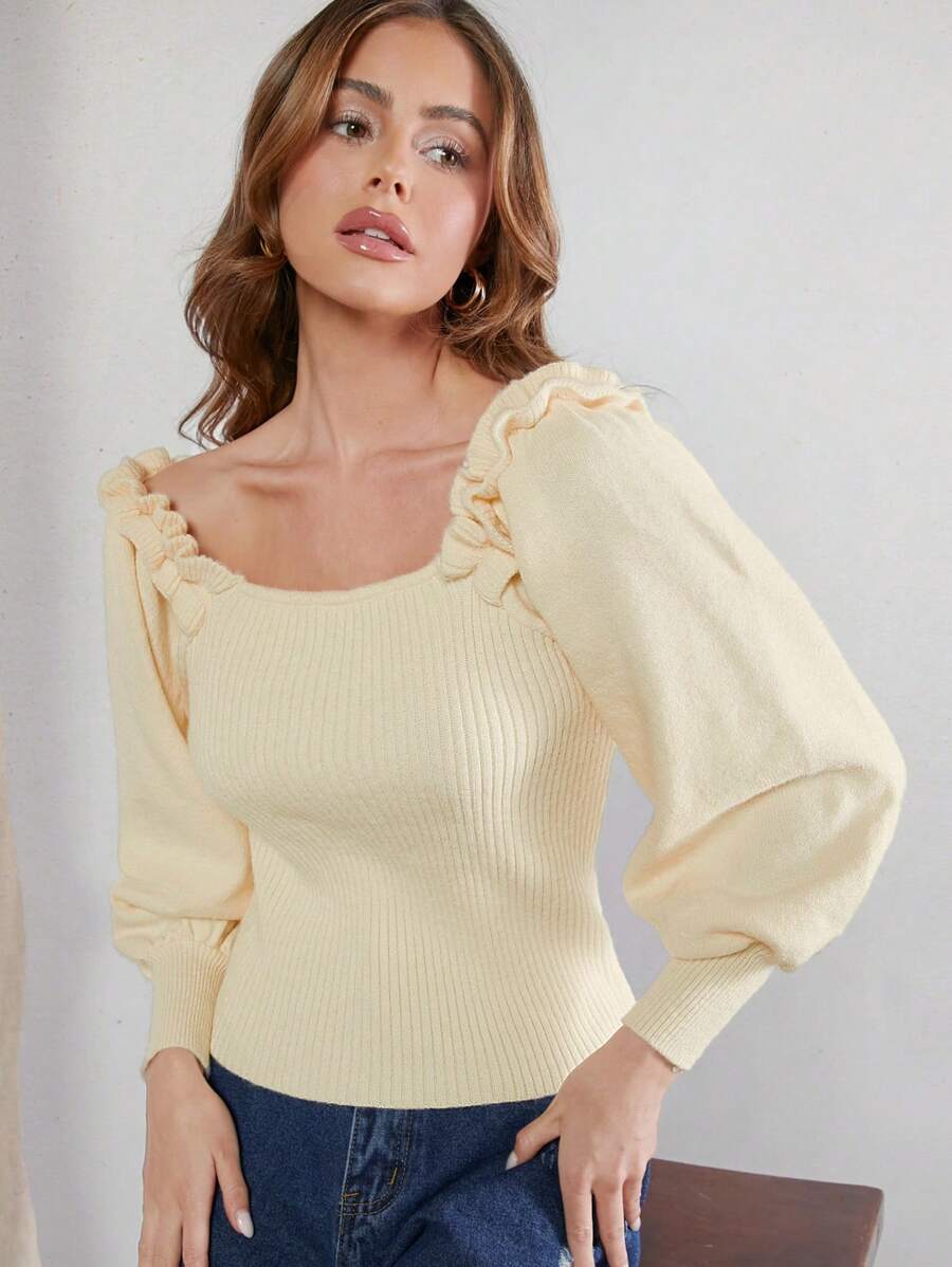 Hauture Solid Elegant Frill Ruffle Lantern Sleeve Sweater