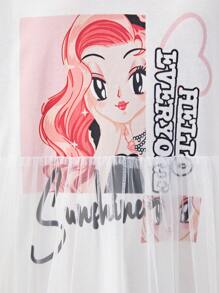 Vestido de malha contrastante com estampa de desenho animado para meninas pré-adolescentes, bainha, manga curta, decote redondo - Branco - Ver 6