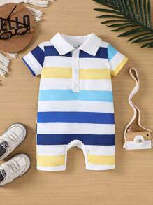 Baby Boy Simple Colorful Striped Short Sleeve Romper For Summer - Multicolor - View 1
