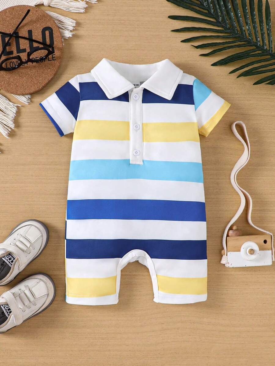 Baby Boy Simple Colorful Striped Short Sleeve Romper For Summer - Multicolor - View 1