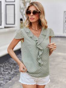 SHEIN Clasi Của phụ nữ Vá lại Viền Ruffle Màu xanh lá Áo sơ mi - màu xanh lá - Xem 4