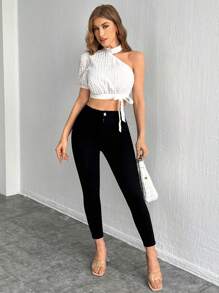 SHEIN Privé 女士不對稱領口泡泡袖系帶前短款上衣 - 白色 - 查看 6