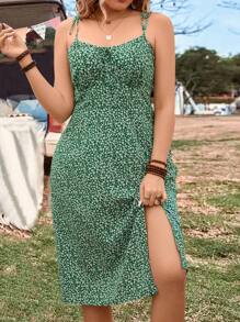 Breezaya Plus Size Women's Floral Print Spaghetti Strap Dress - Green - View 1