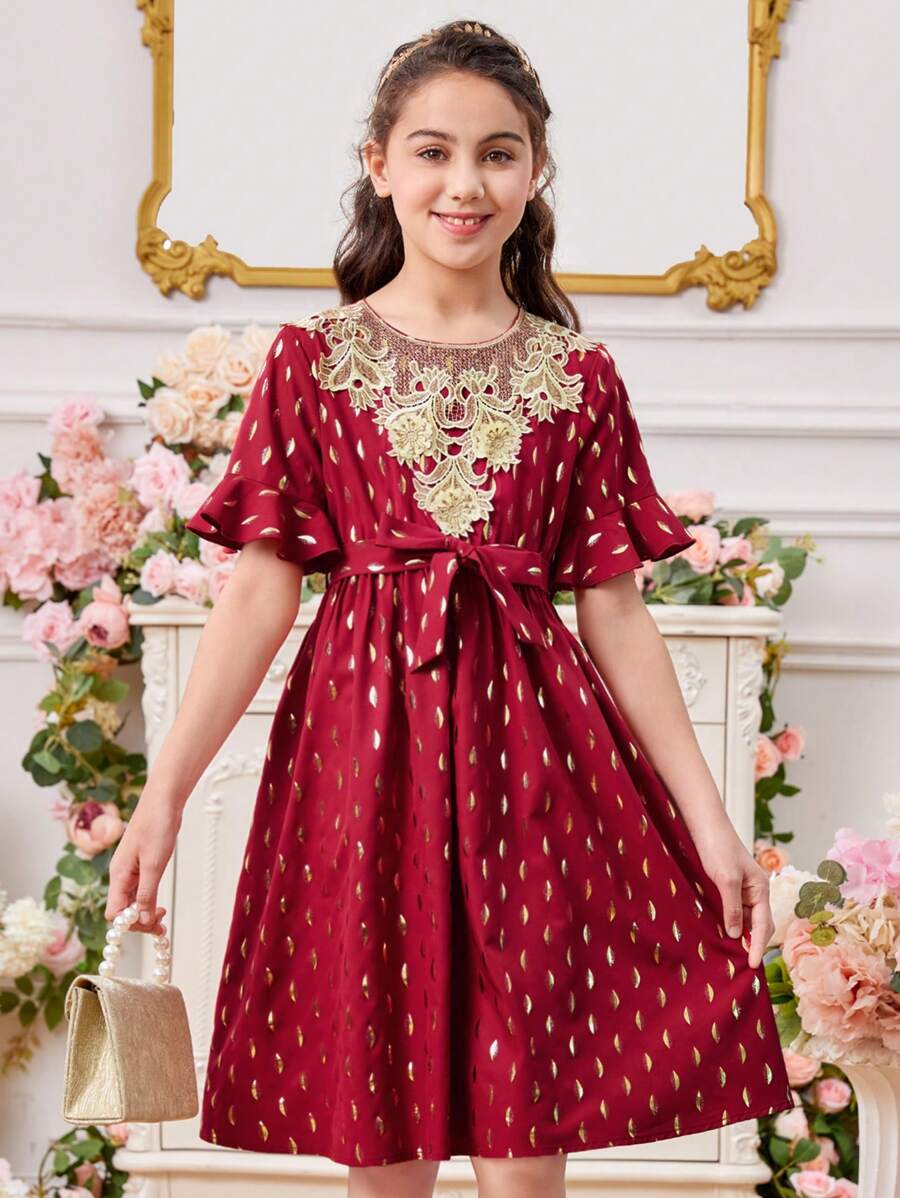 Vestido De Cuello Redondo Para Niñas Preadolescentes Con Mangas Y Dobladillo Con Volantes Decorados Con Encaje, Detalle De Lámina Dorada - Burdeos - Ver 1